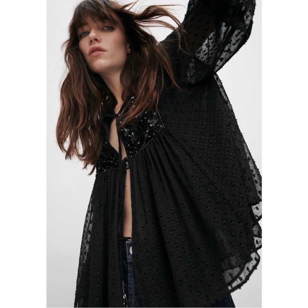 Zara Black Sequin Embellished Blouse - Picture 9 of 16